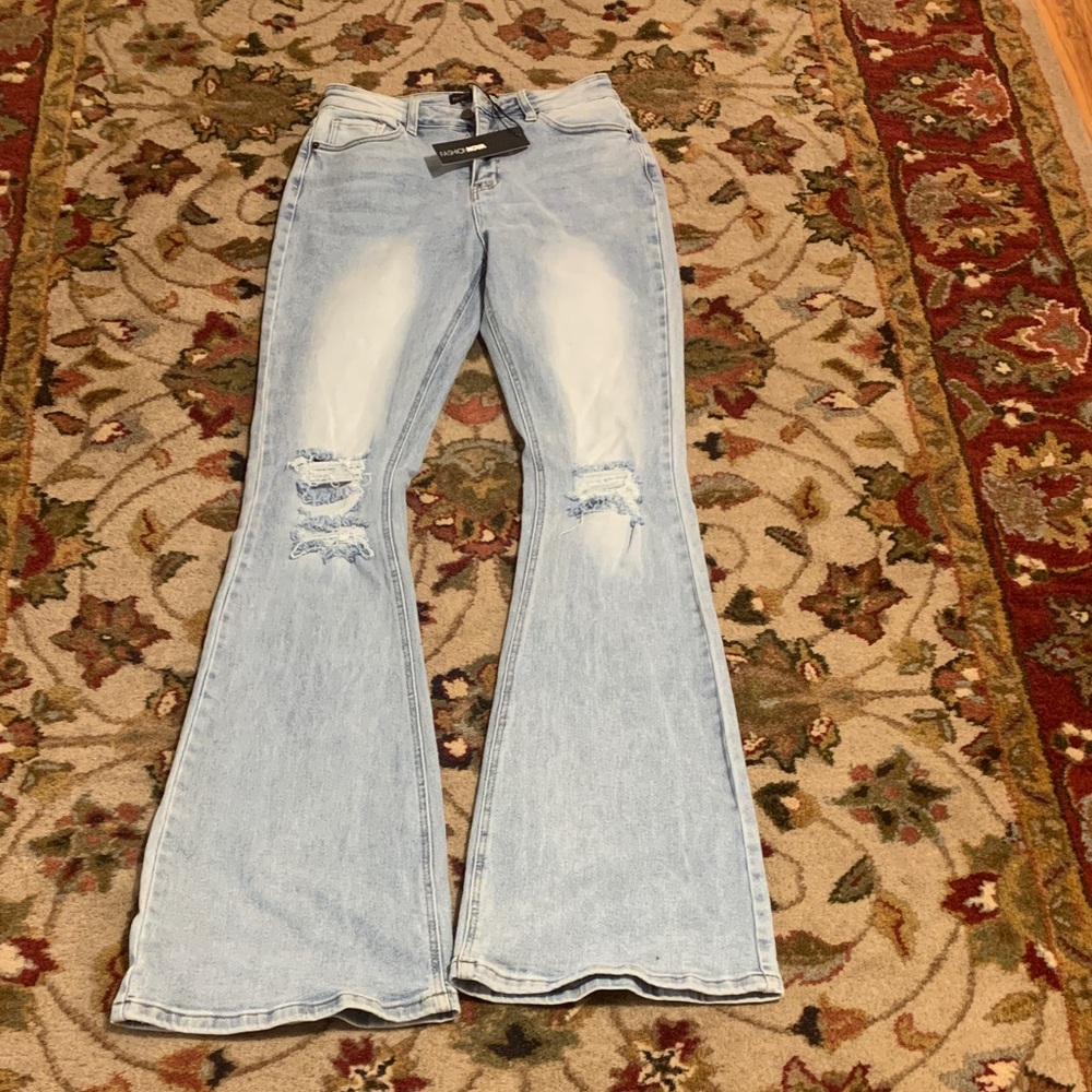Fashion Nova Light Blue Distressed Flare Jeans Women's Size 7